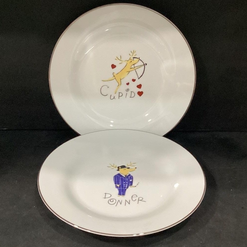 Pottery Barn 2 White Reindeer 11" Plates Cupid Donner Retired Dinner